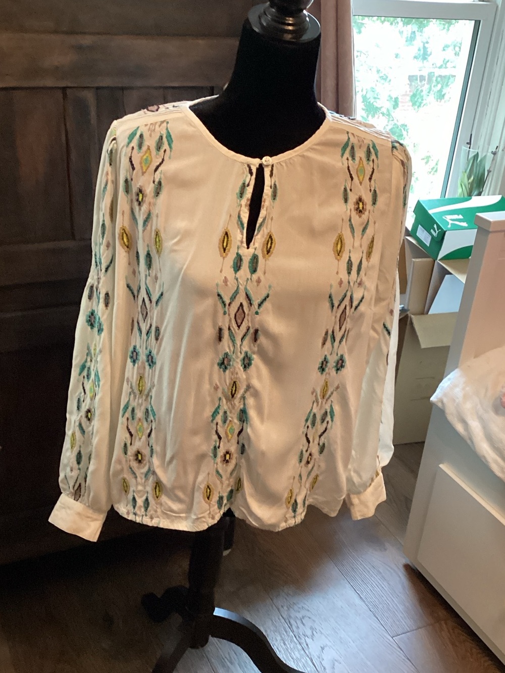 Ivory Embroidered Long-Sleeve Peasant Blouse